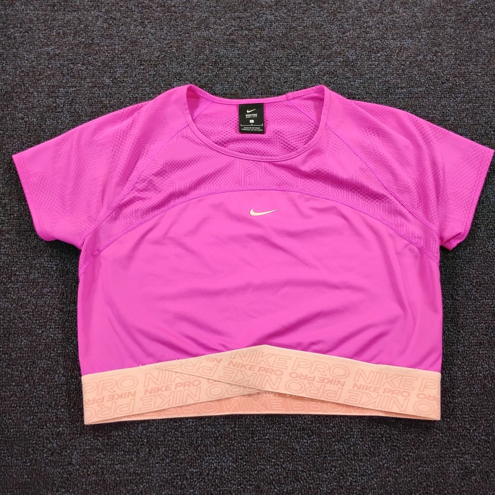Nike Pro Dri-FIT Crop Top Womens Large Pink Mesh Short Sleeve Training Workout
